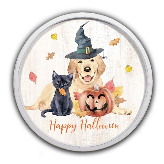 Halloween Watercolor Pets 20" x 20" Round White Framed Print